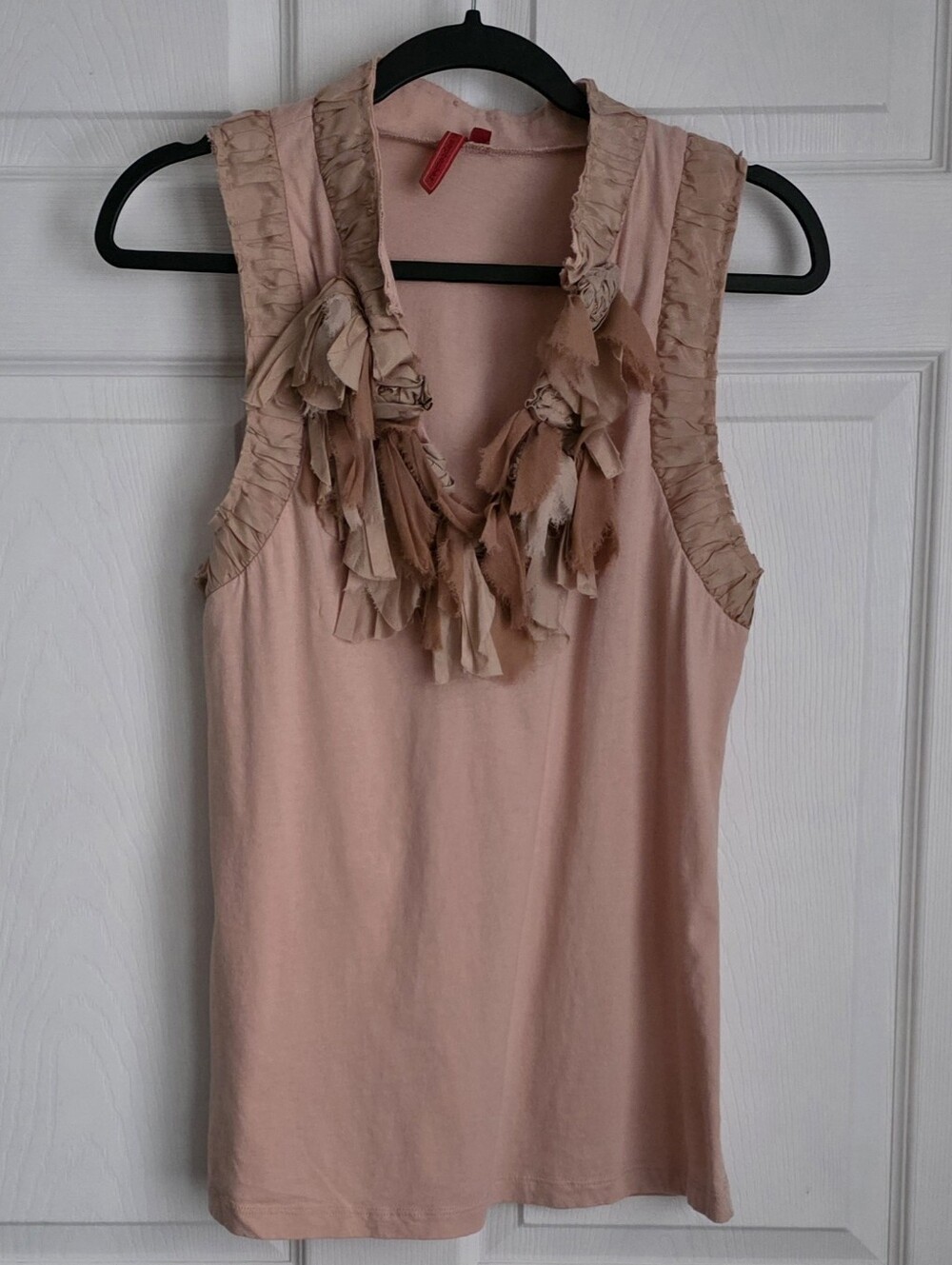 One September Romantic Blush Pink Silk Trim Ruffle Frayed Rosette V-Neck Top XL
